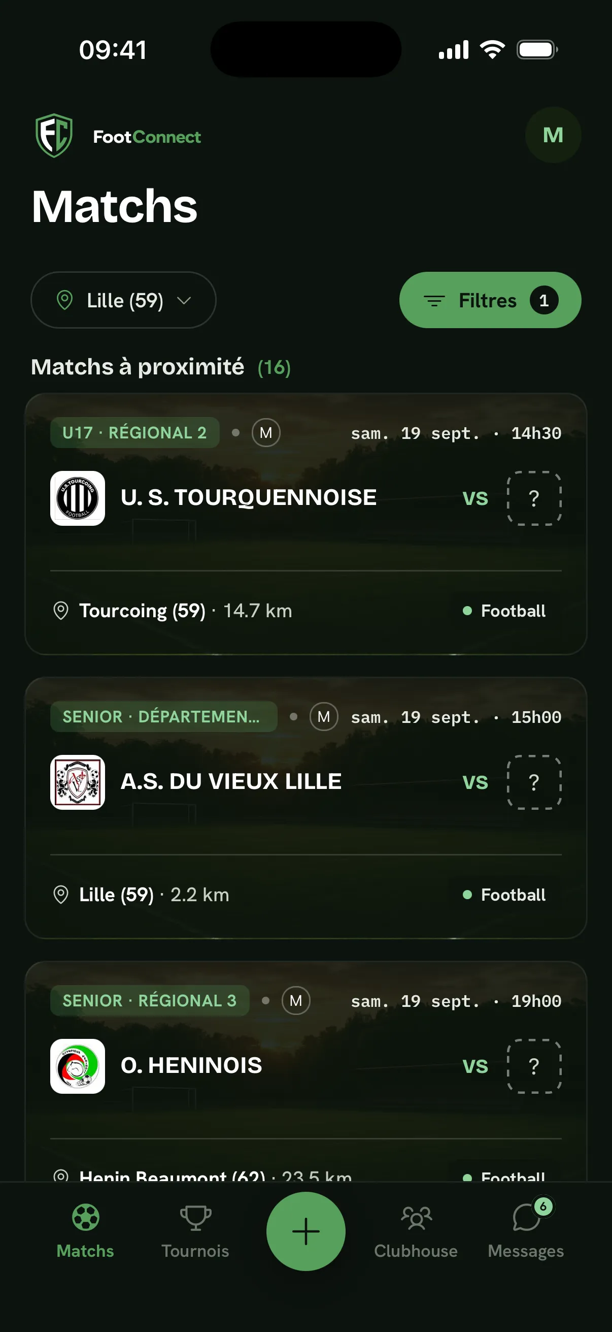 Écran Matchs de l'app : les annonces de match amical autour de Lille, avec la distance, la catégorie et le niveau